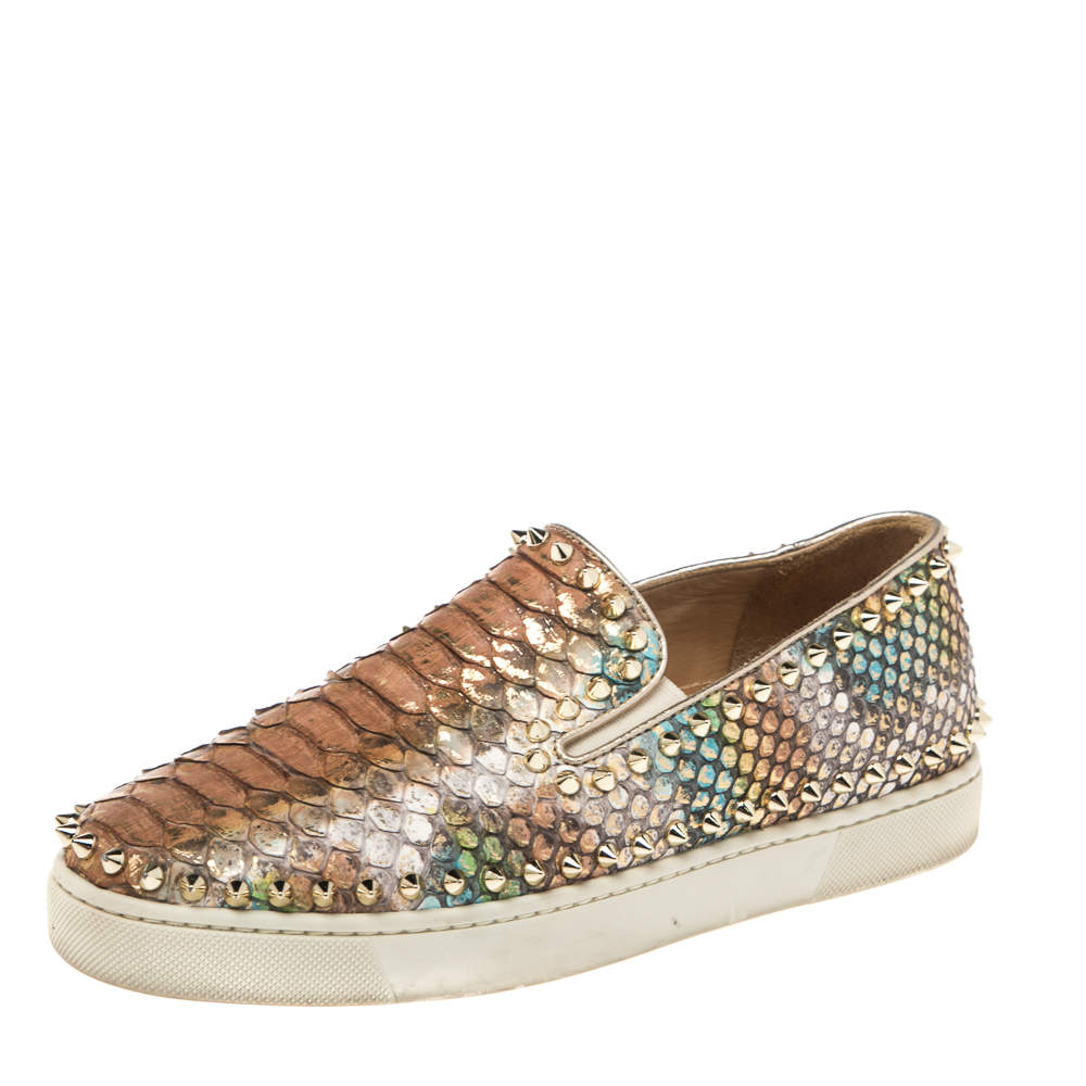 Pre Owned Christian Louboutin Gold Python Leather Pik Boat Slip On Sneakers Size 38