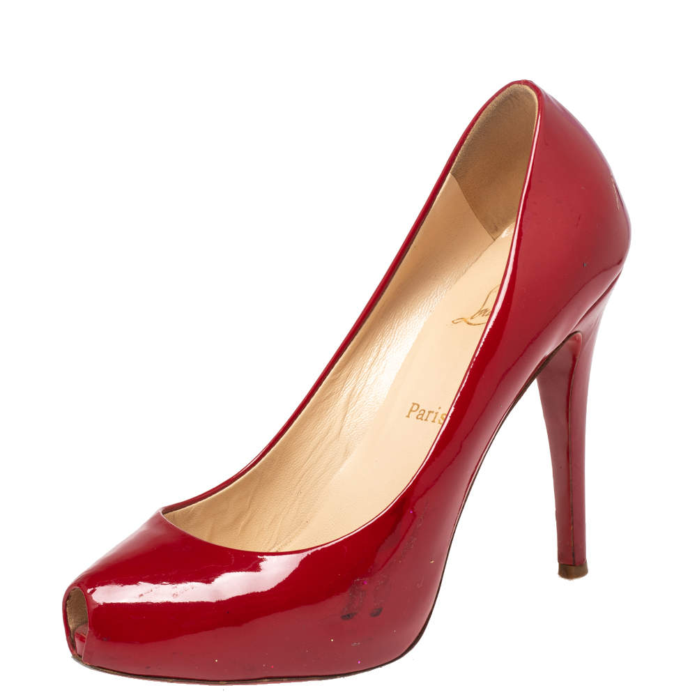 Christian Louboutin Red Patent Leather Peep Toe Platform Pumps Size 38