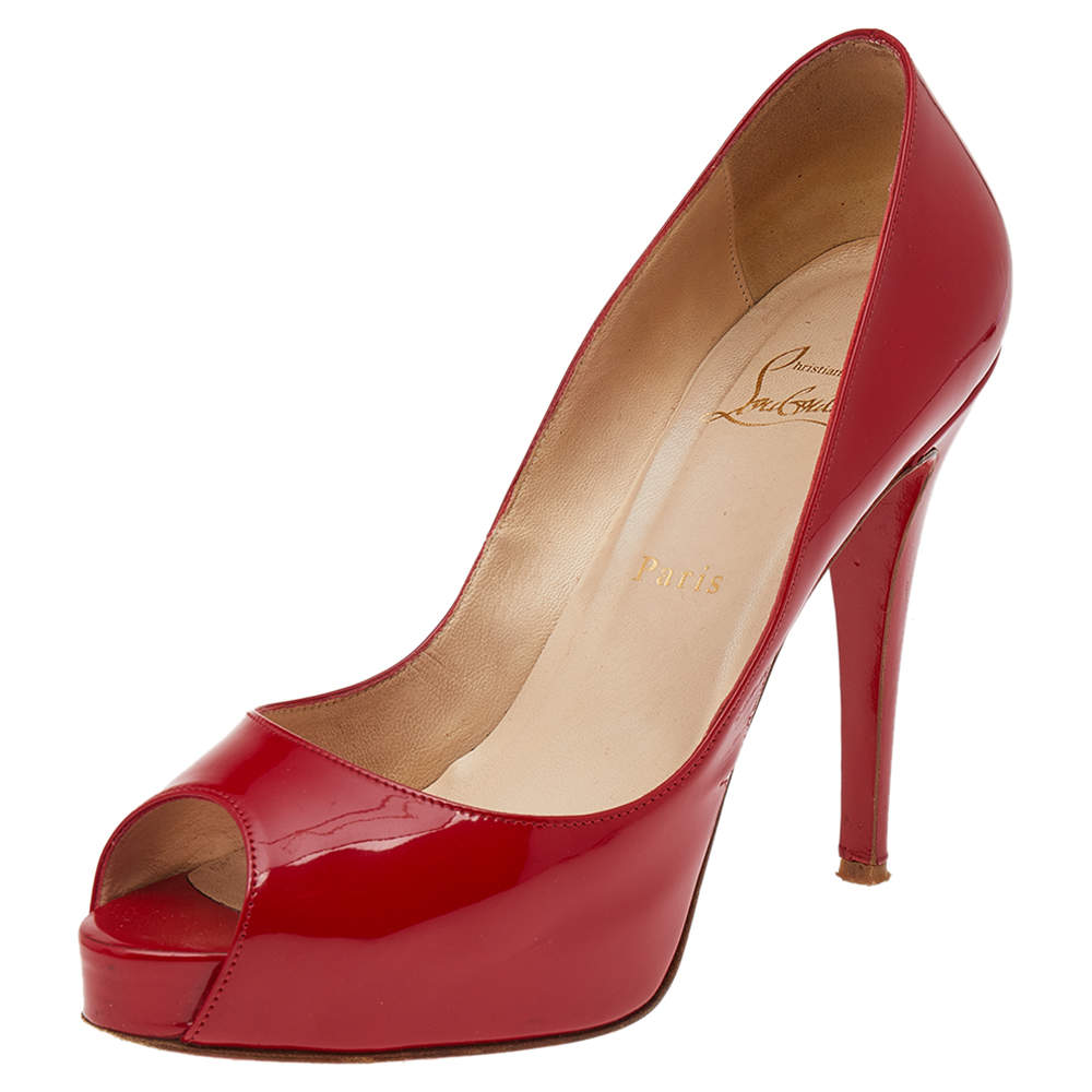 Pre Owned Christian Louboutin Red Patent Leather Very Prive PeepToe Pumps Size 39