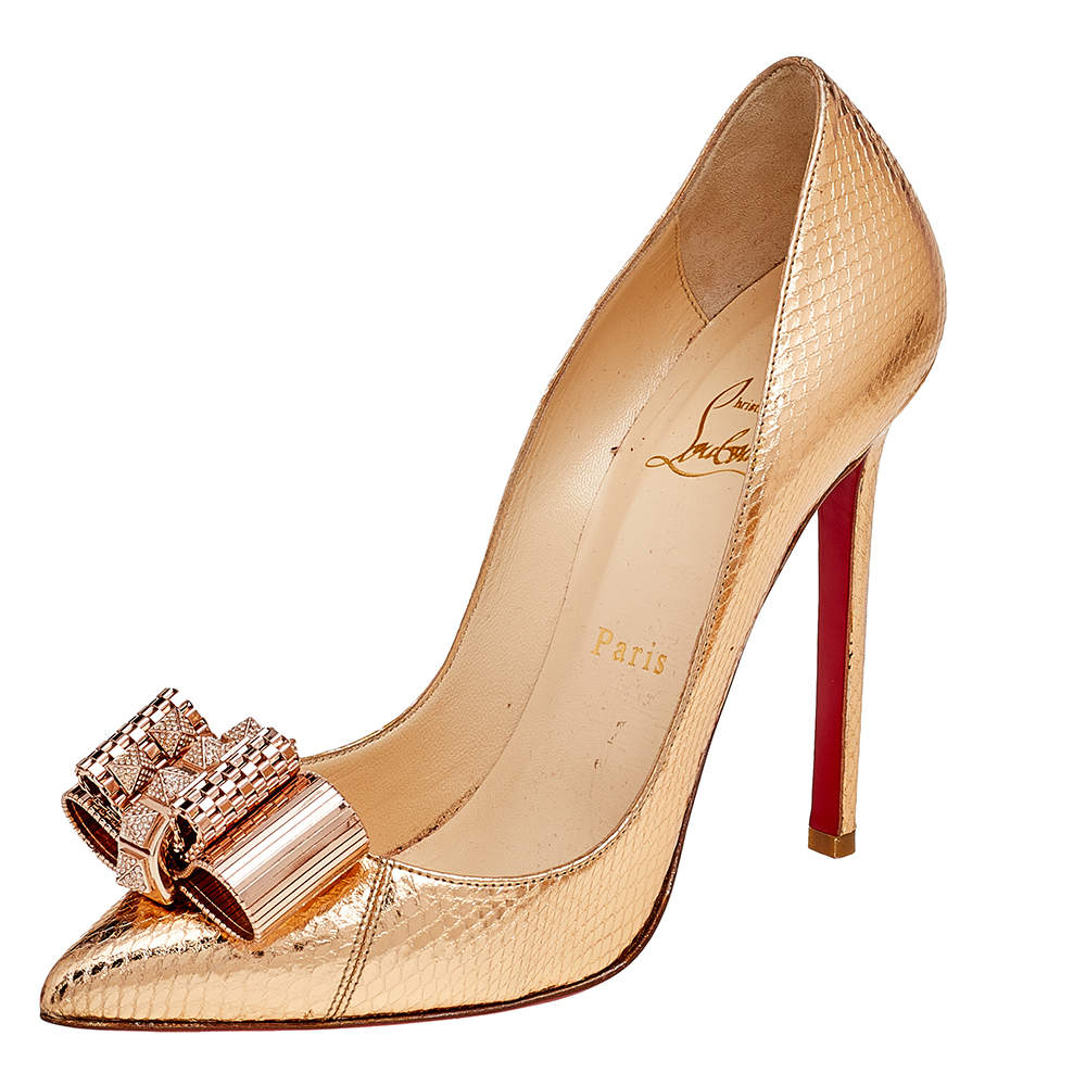 Pre Owned Christian Louboutin Gold Python Embossed Leather Metal Nodo Bow Pigalle Pumps Size 36.5