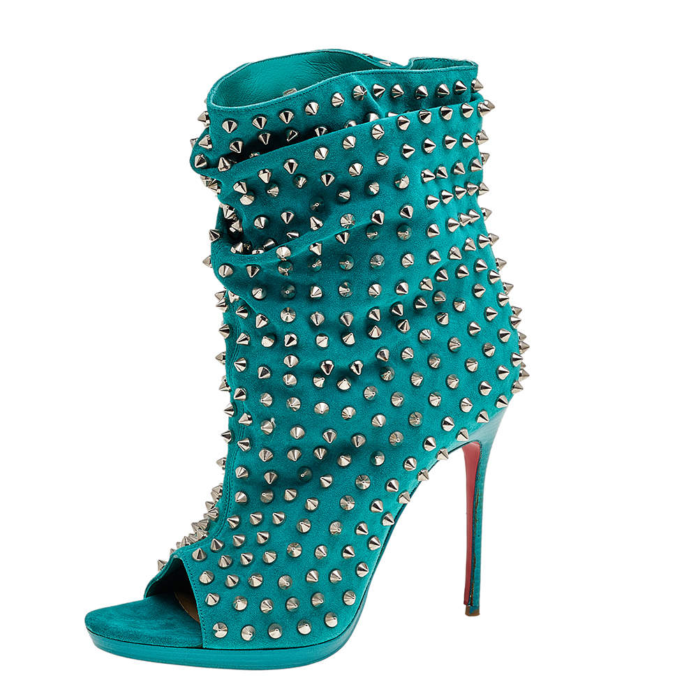 مملوكة مسبقًا Christian Louboutin Aqua Blue Suede Guerilla Spiked Open Toe Ankle Boots Size 38