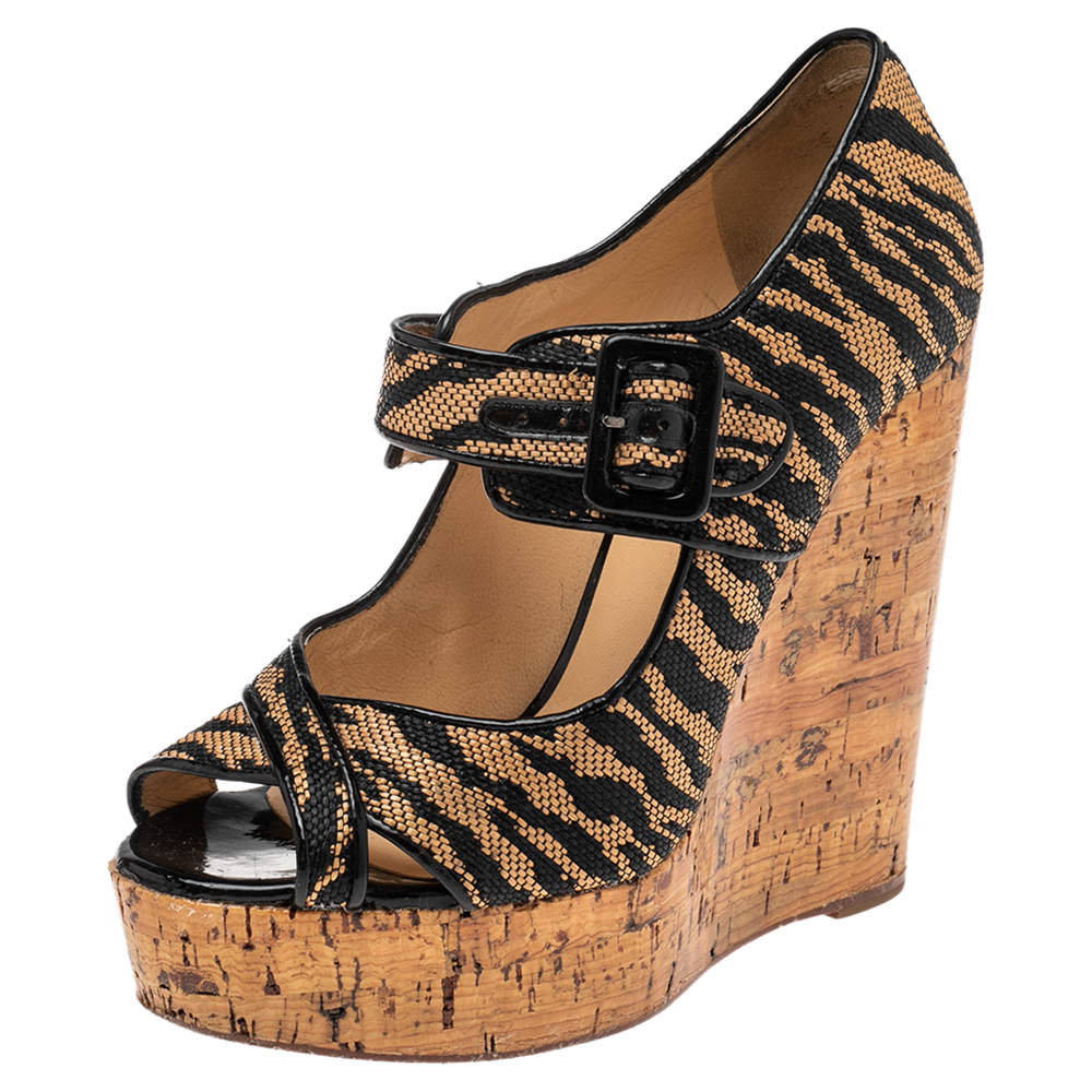 Christian Louboutin Brown Raffia Tiger Melides Wedge Sandals Size 38.5