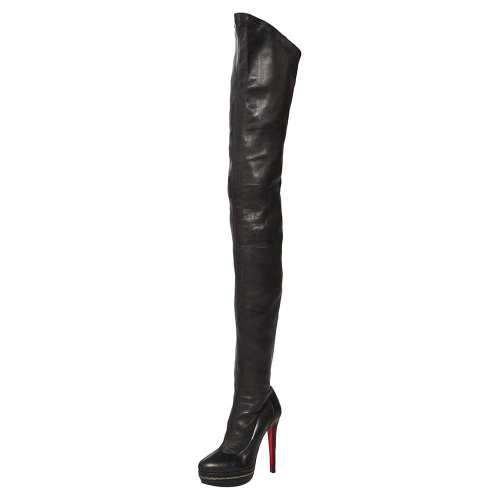 Pre Owned Christian Louboutin Black Leather Over Knee Length Boots Size 36.5 