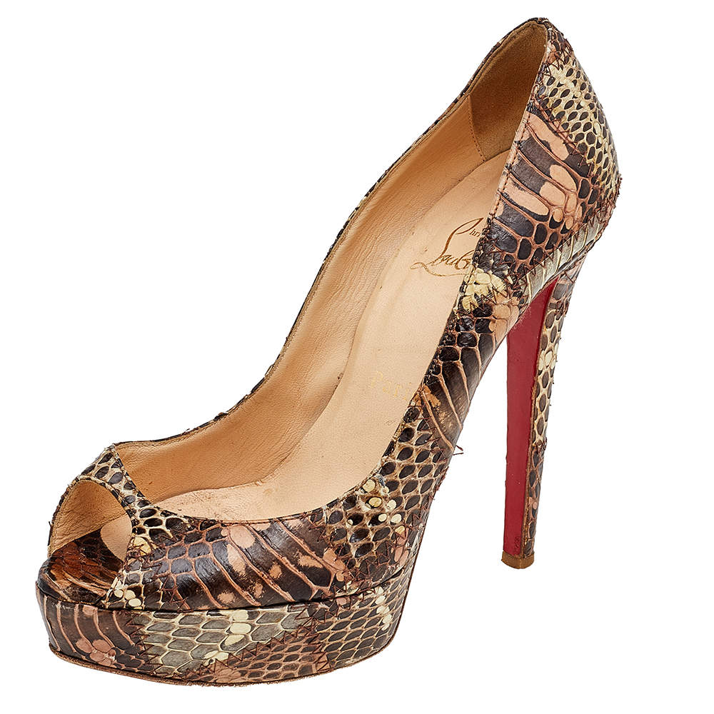 Pre Owned Christian Louboutin Brown Watersnake Patchwork Banana Peep Toe Platform Pumps Size 37.5
