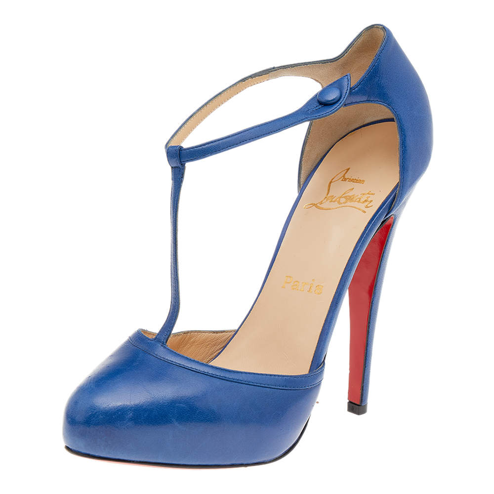 Pre Owned Christian Louboutin Blue Leather Me Pam T Strap Sandals Size 39.5