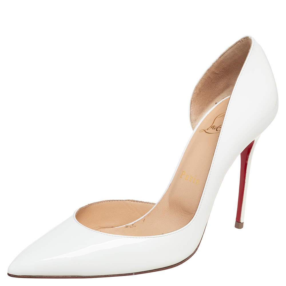 مملوكة مسبقًا حذاء كعب عالي كريستيان لوبوتان إيريزا دورساي جلد أبيض لامع مقاس 37.5