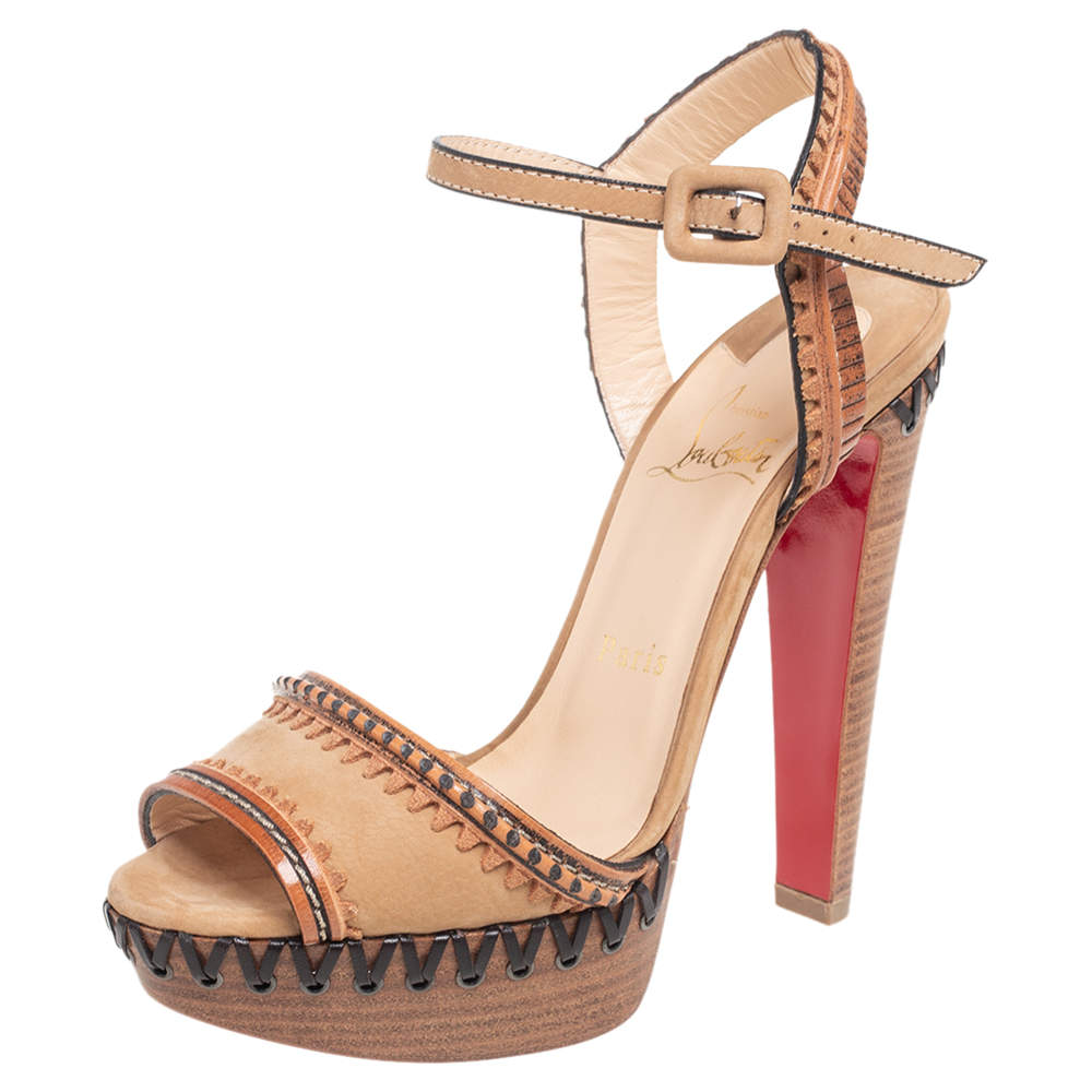 Pre Owned صندل كريستيان لوبوتان تريبي سيتي جلد نوبوك بيج مقاس 37