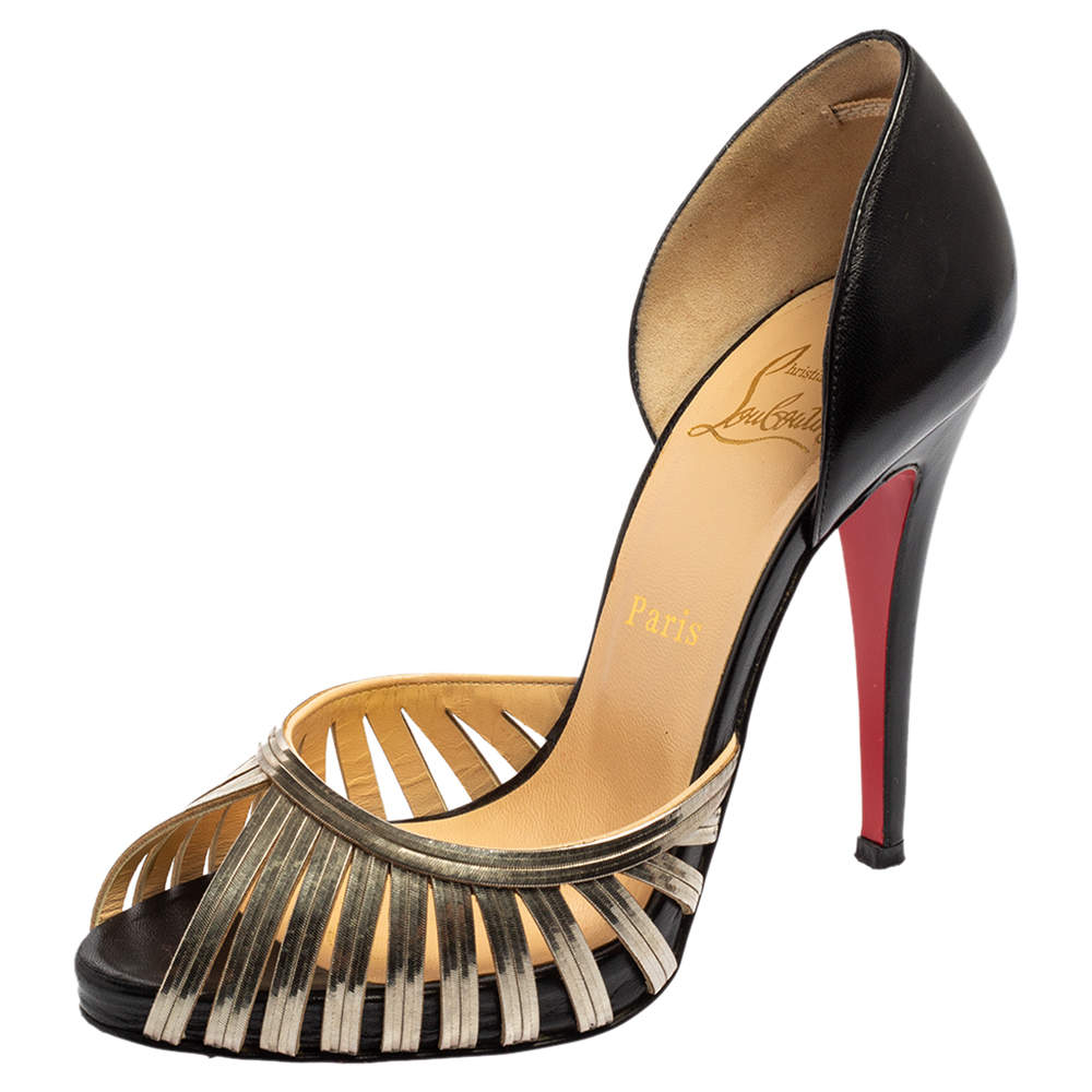 Pre Owned Christian Louboutin Black/Gold Leather and Metal Corpus Peep-Toe Pumps Size 37