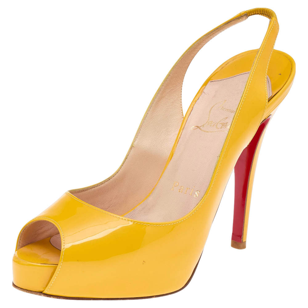 Christian Louboutin Yellow Patent Leather Peep Toe Platform Slingback Sandals Size 36