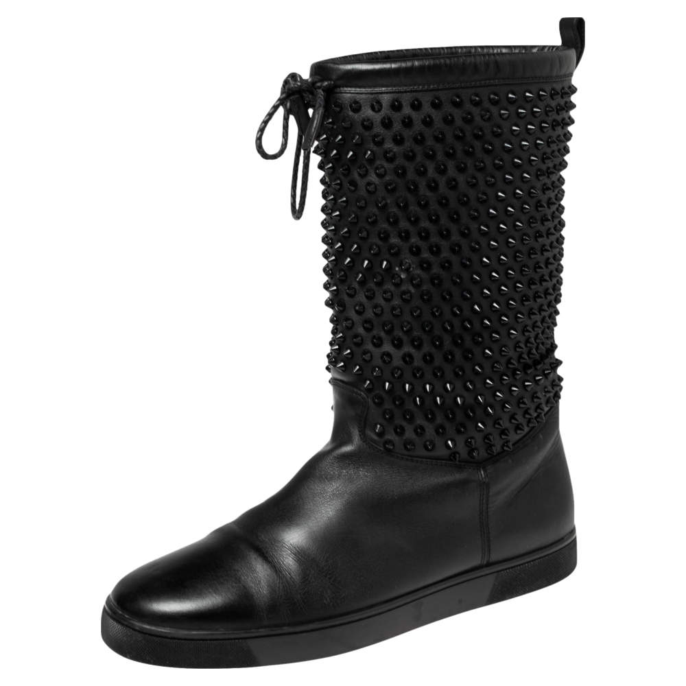 Pre Owned Christian Louboutin Black Leather Surlapony Spiked Mid-Calf Boots Size 45