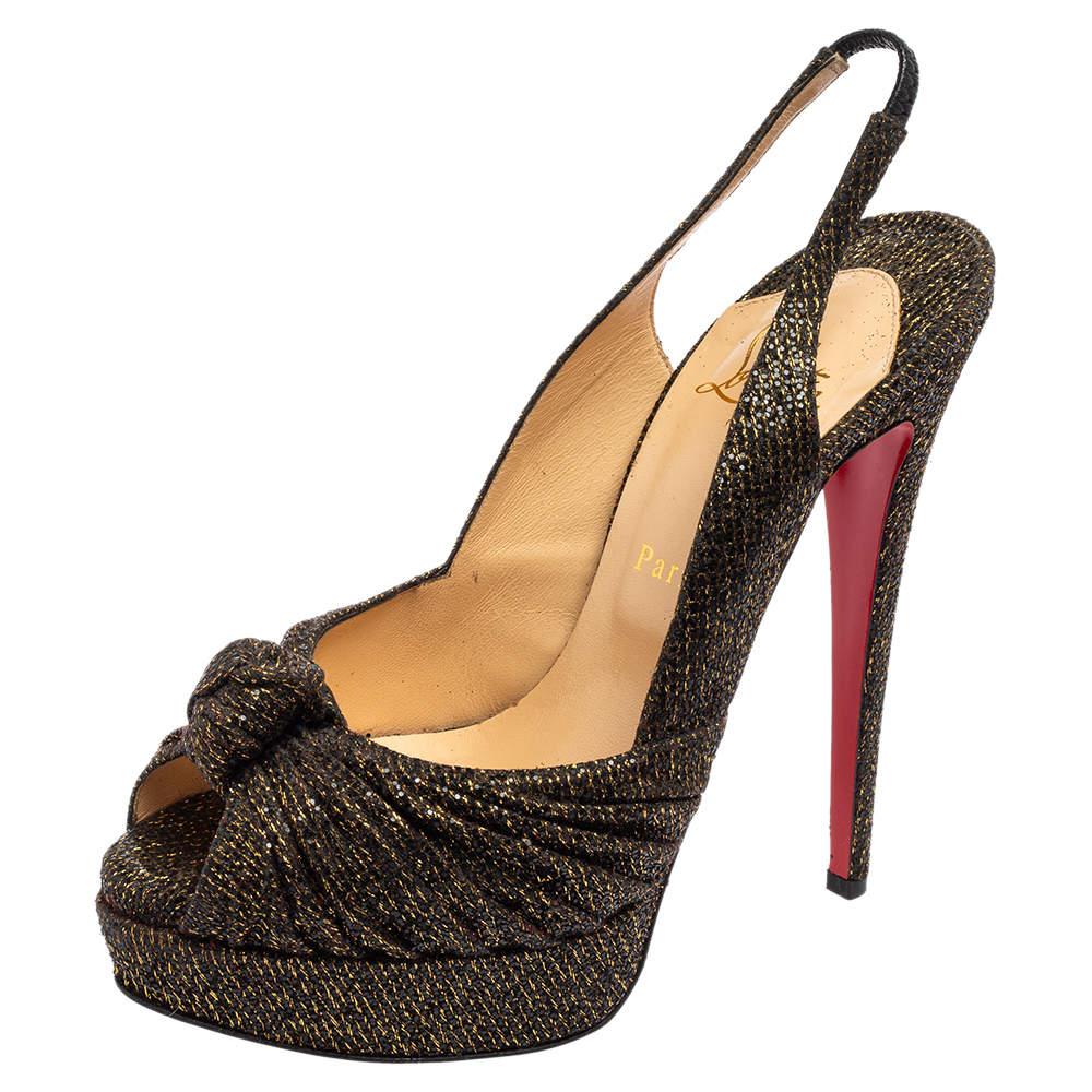 Pre Owned Christian Louboutin Black/Gold Glitter Fabric Jenny Knotted Slingback Platform Sandals Size 39