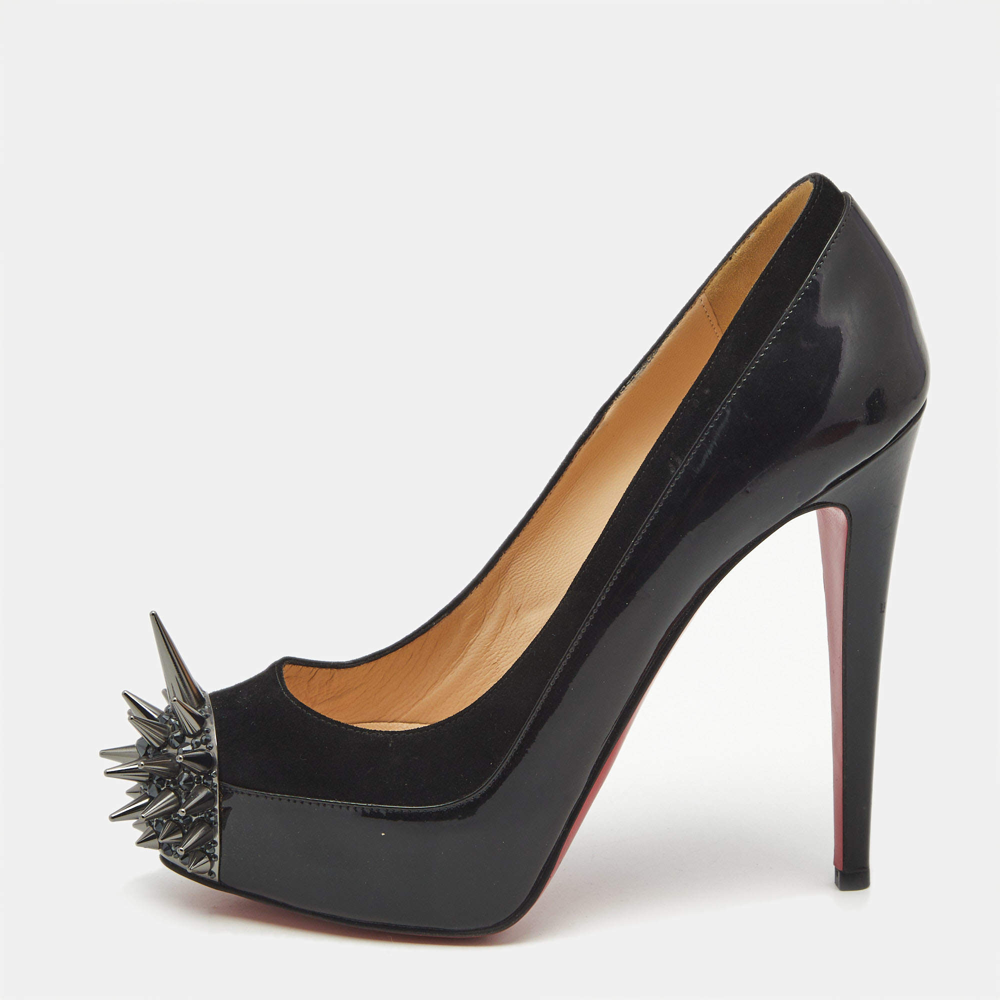 Pre Owned Christian Louboutin Black Patent Leather and Suede Asteroid Spikes Pumps Size 37
