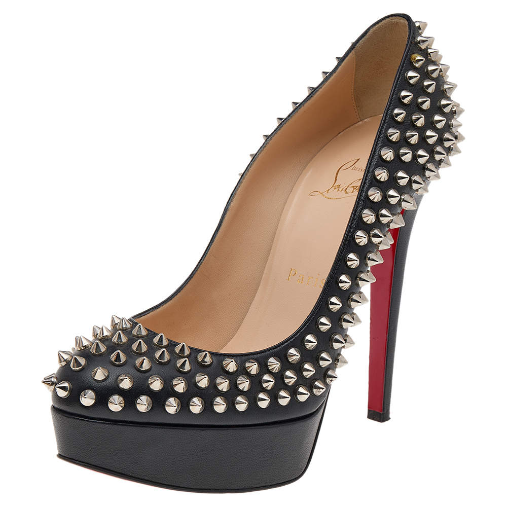 Christian Louboutin Black Leather Bianca Spike Platform Pumps Size 37.5