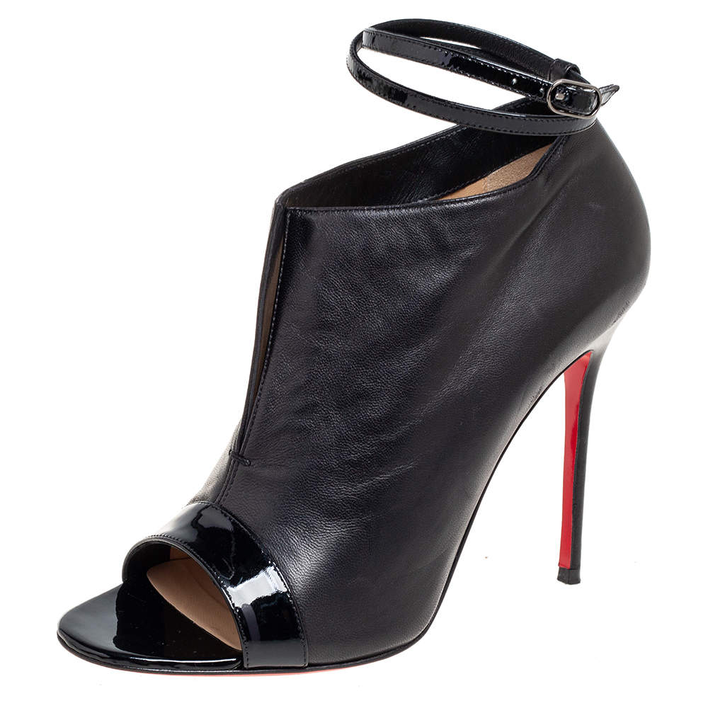 Pre Owned Christian Louboutin Black Leather And Patent Open Toe Booties Size 38