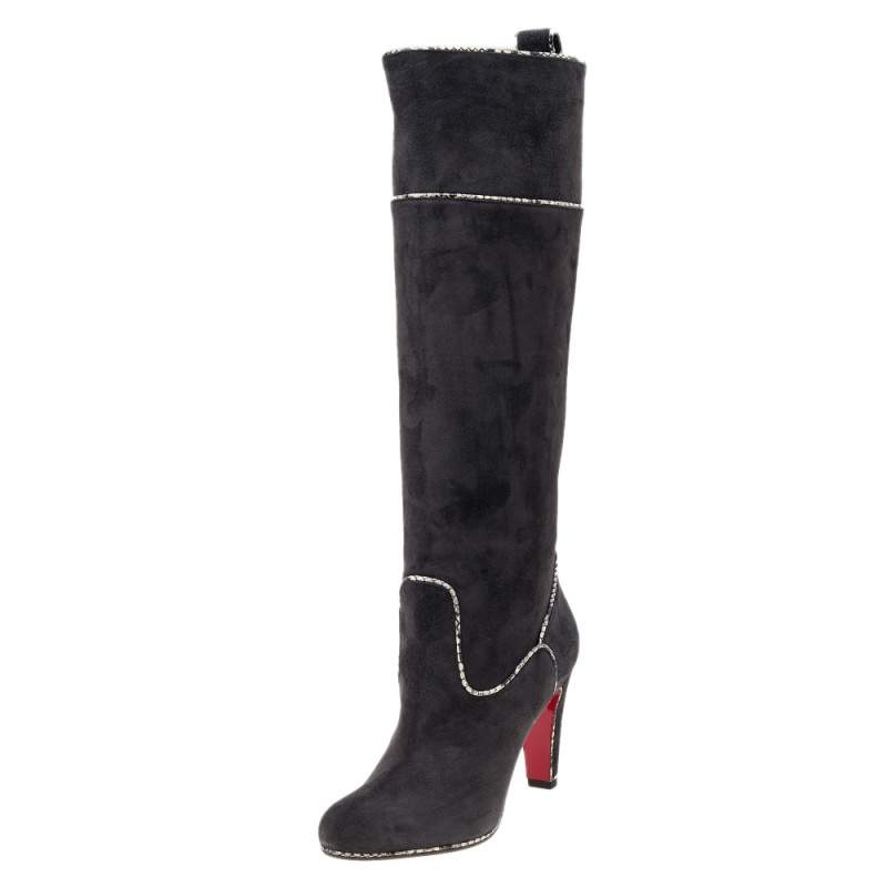 Pre Owned Christian Louboutin Dark Grey Suede And Snakeskin Trim Louloubotta Knee Length Boots Size 38.5