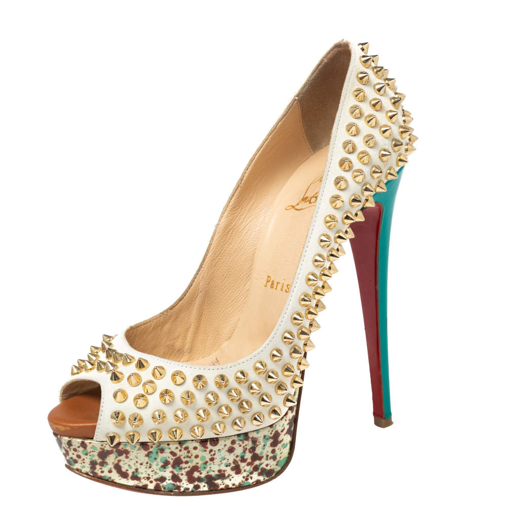 Pre Owned Christian Louboutin Off-White Leather Lady Peep-Toe Spikes Platform Pumps Size 37