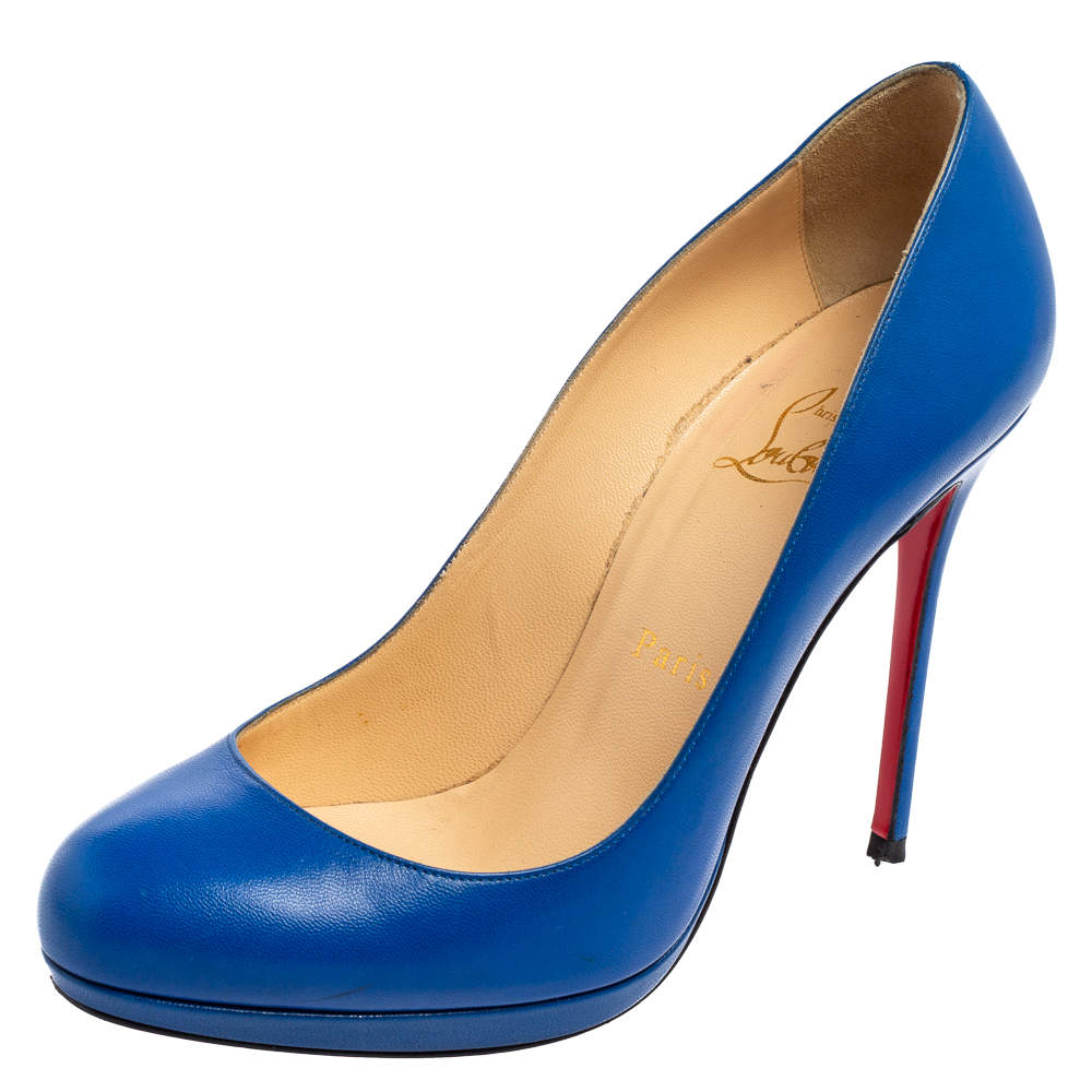 Pre Owned Christian Louboutin Blue Leather New Simple Round-Toe Pumps Size 37.5