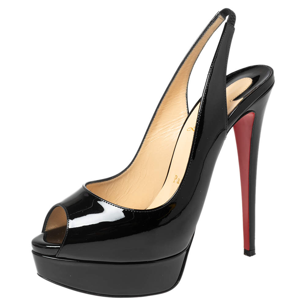 Pre Owned صندل كريستيان لوبوتان ليدي جلد اسود لامع مقدمة مفتوحة بحزام للكاحل مقاس 37.5