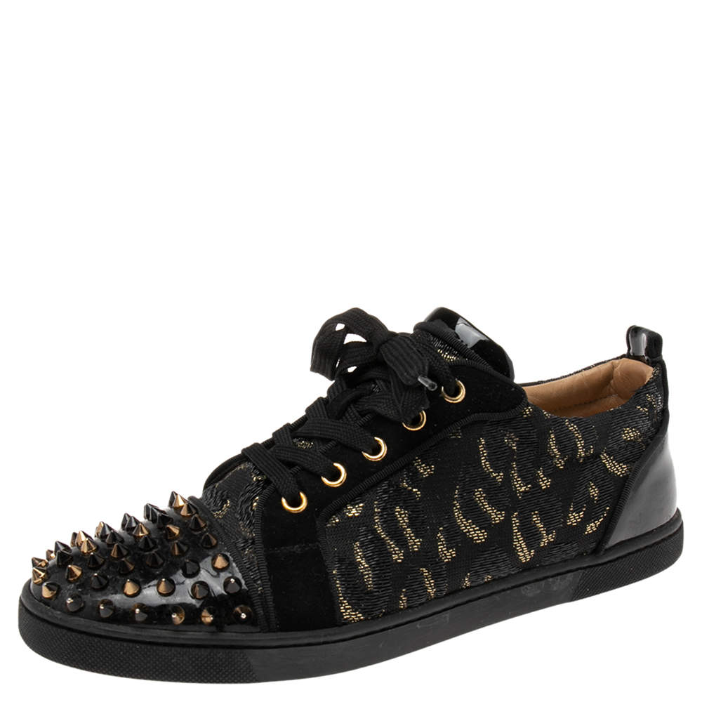 Pre Owned Christian Louboutin Black Lurex Fabric And Paten Leather Spiked Orlato Low Top Sneakers 40