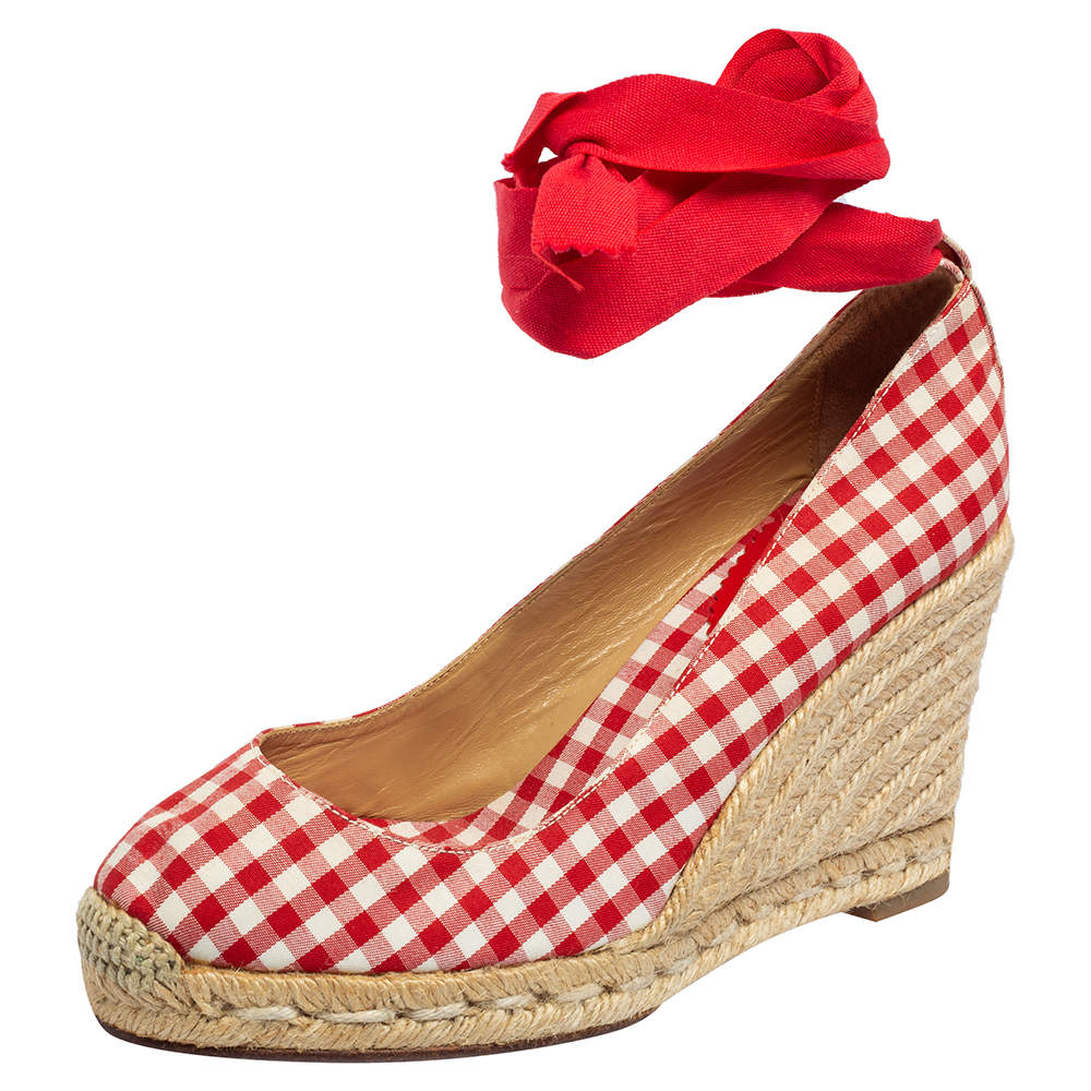 Auth LOUIS VUITTON red white GINGHAM Wedge Platform Sandals Shoes