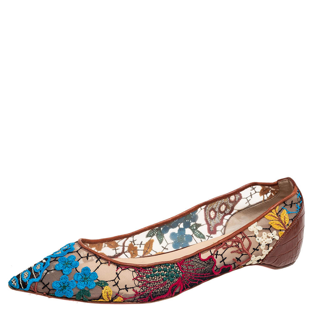 مملوكة مسبقًا Christian Louboutin Multicolor Embroidered Mesh and Croc Embossed Leather Follies Ballet Flats Size 39.5