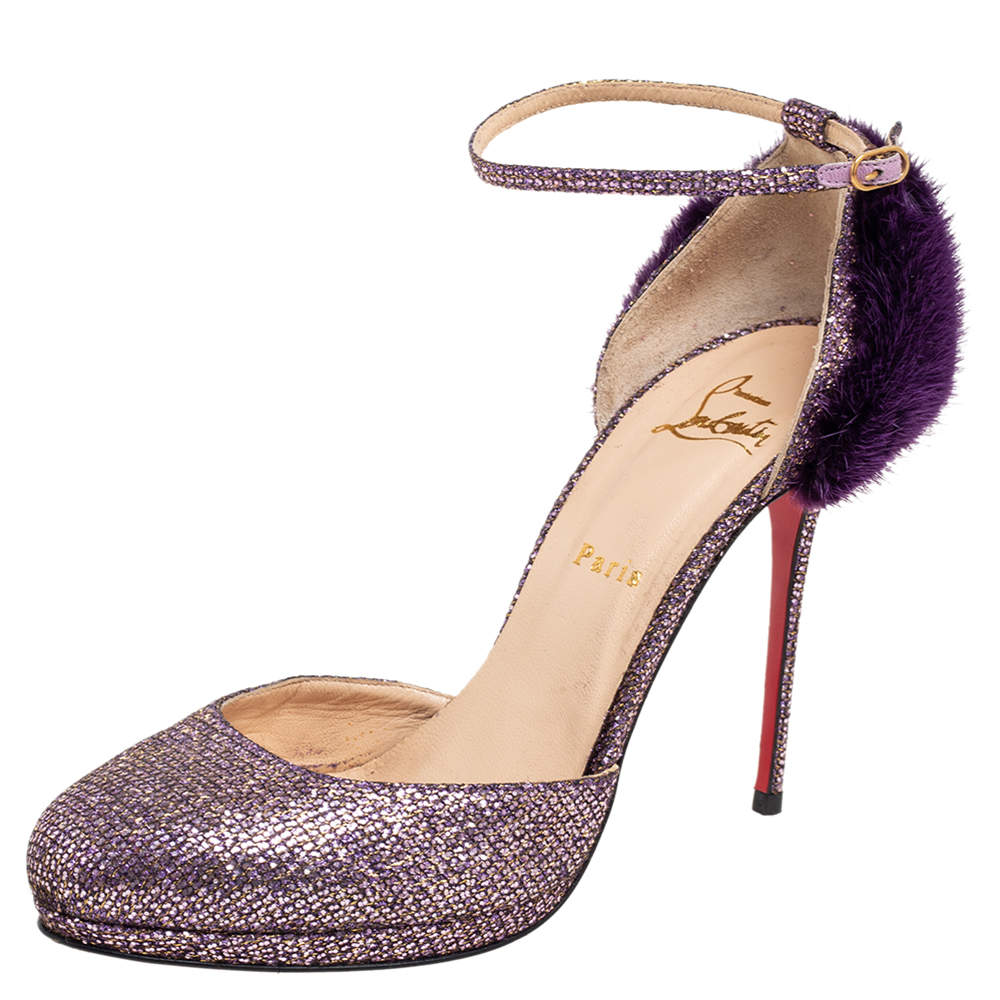 Pre Owned Christian Louboutin Purple Glitter Fabric/Mink Crazy Fur D'orsay Pump Size 39.5
