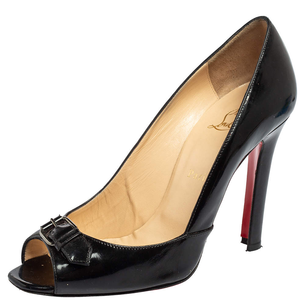 Christian Louboutin Black Patent Leather Buckle Detail Peep-Toe Pumps Size 41