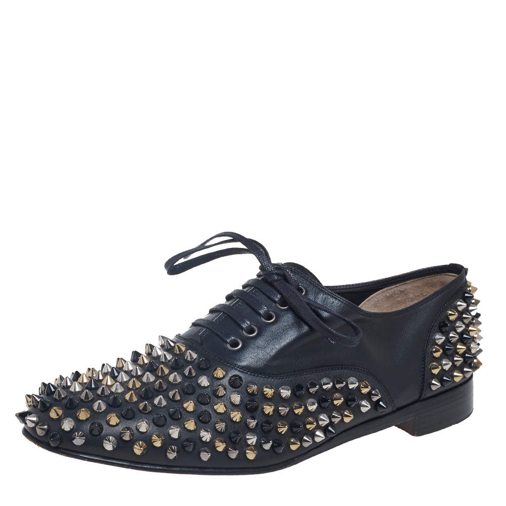 Pre Owned Christian Louboutin Black Leather Freddy Spike Lace-Up Oxfords Size 39.5