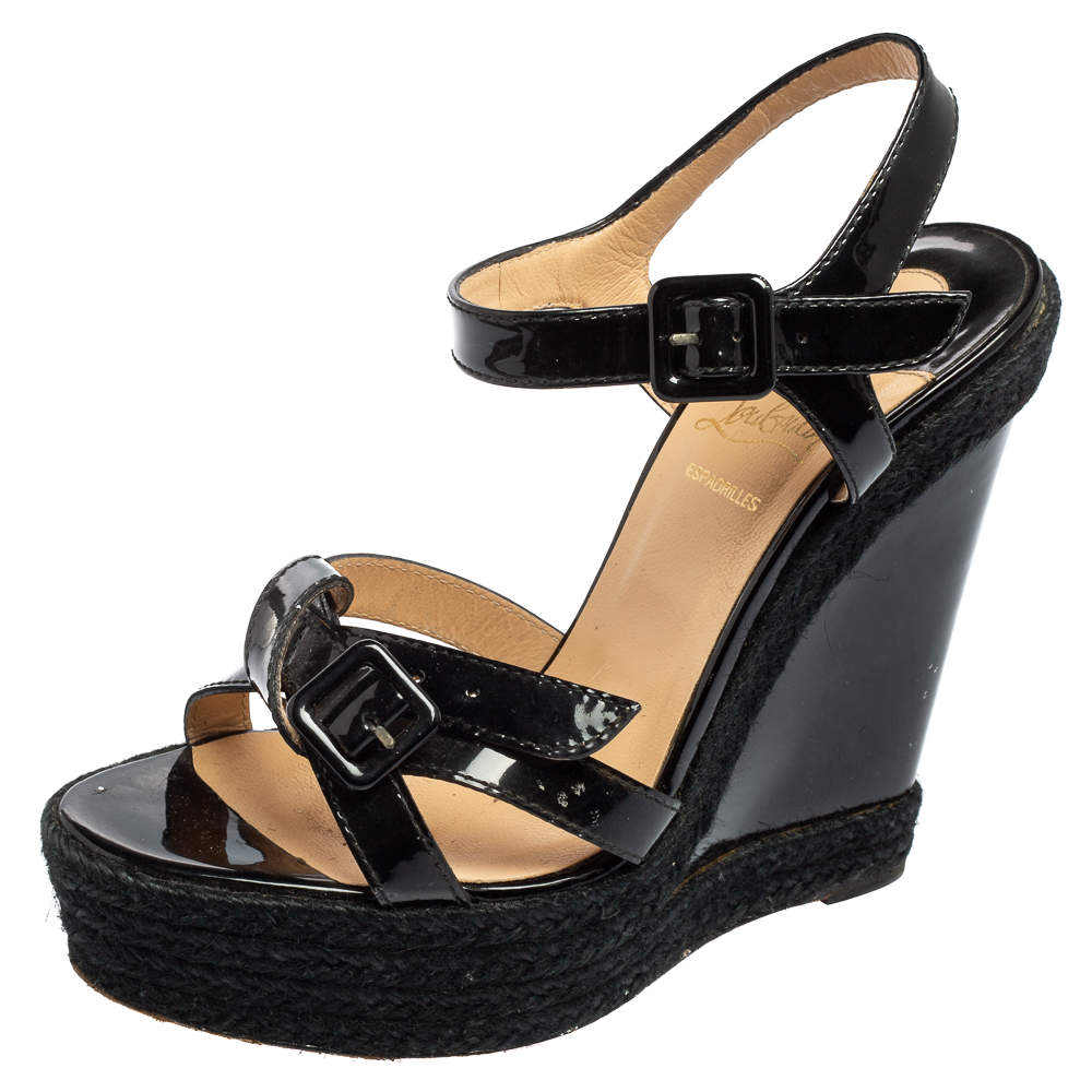 Christian Louboutin Black Patent Leather Espadrille Wedge Sandals Size ...
