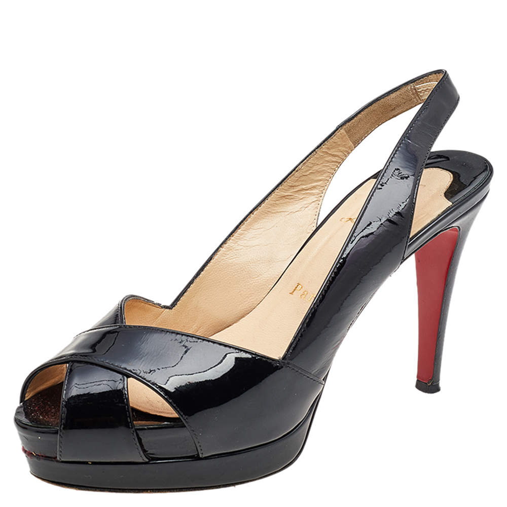 Pre Owned Christian Louboutin Black Patent Leather Soso Platform Slingback Sandals Size 37