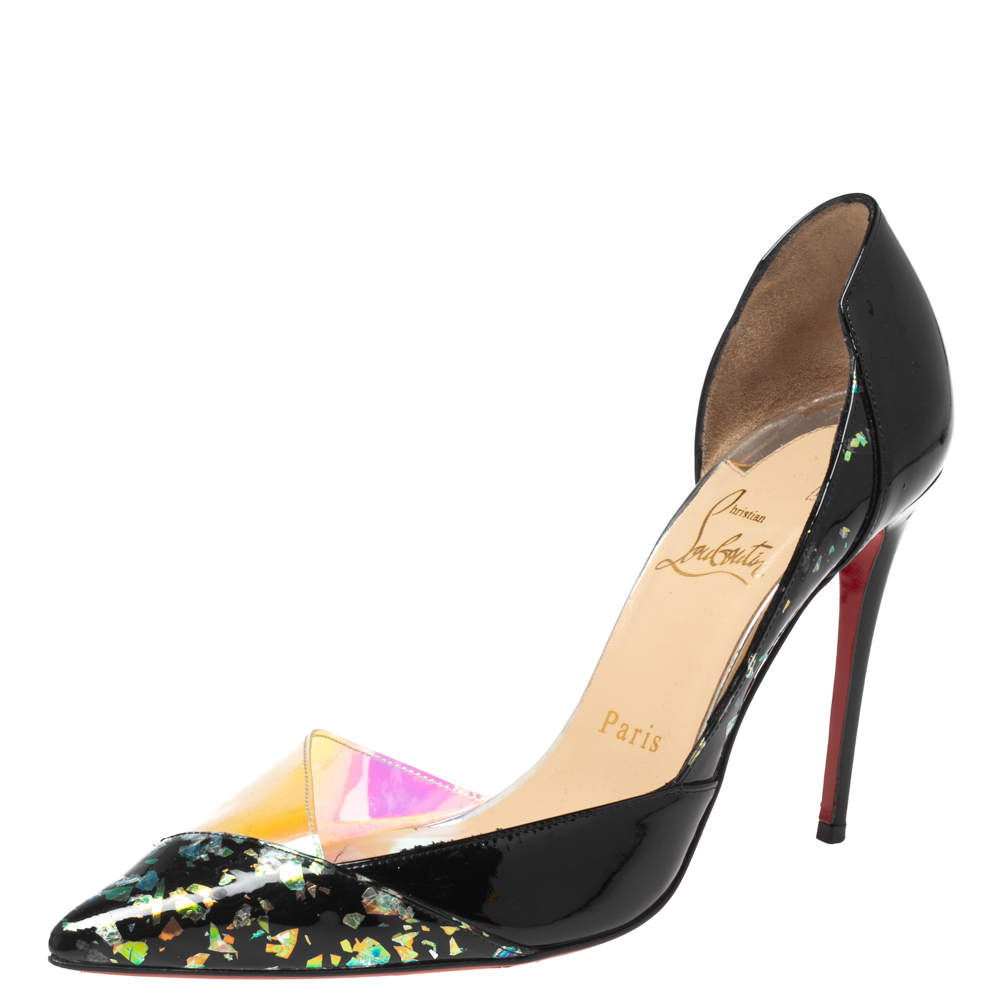Pre Owned Christian Louboutin Black Patent Leather and PVC Tac Clac D'orsay Pumps Size 36.5