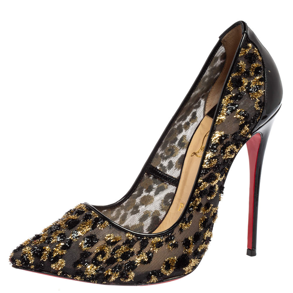 Christian Louboutin Black/Gold Leopard Print Lurex Fringe Mesh