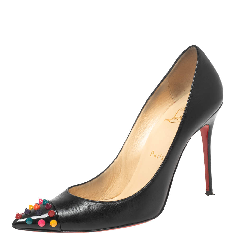 Pre Owned Christian Louboutin Black Leather Geo Spike Studded Cap Toe Pumps Size 38
