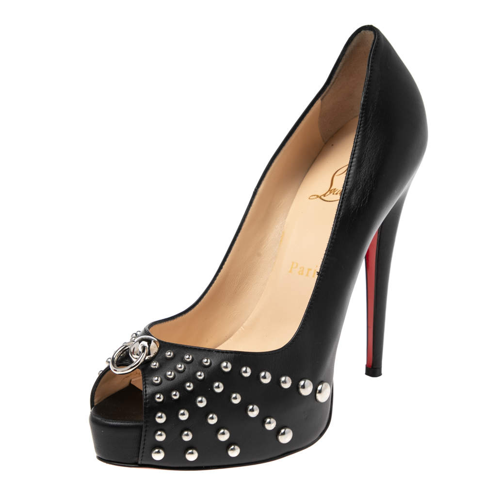 Pre Owned Christian Louboutin Black Studded Leather Door Knock Peep-Toe Platform Pumps Size 38