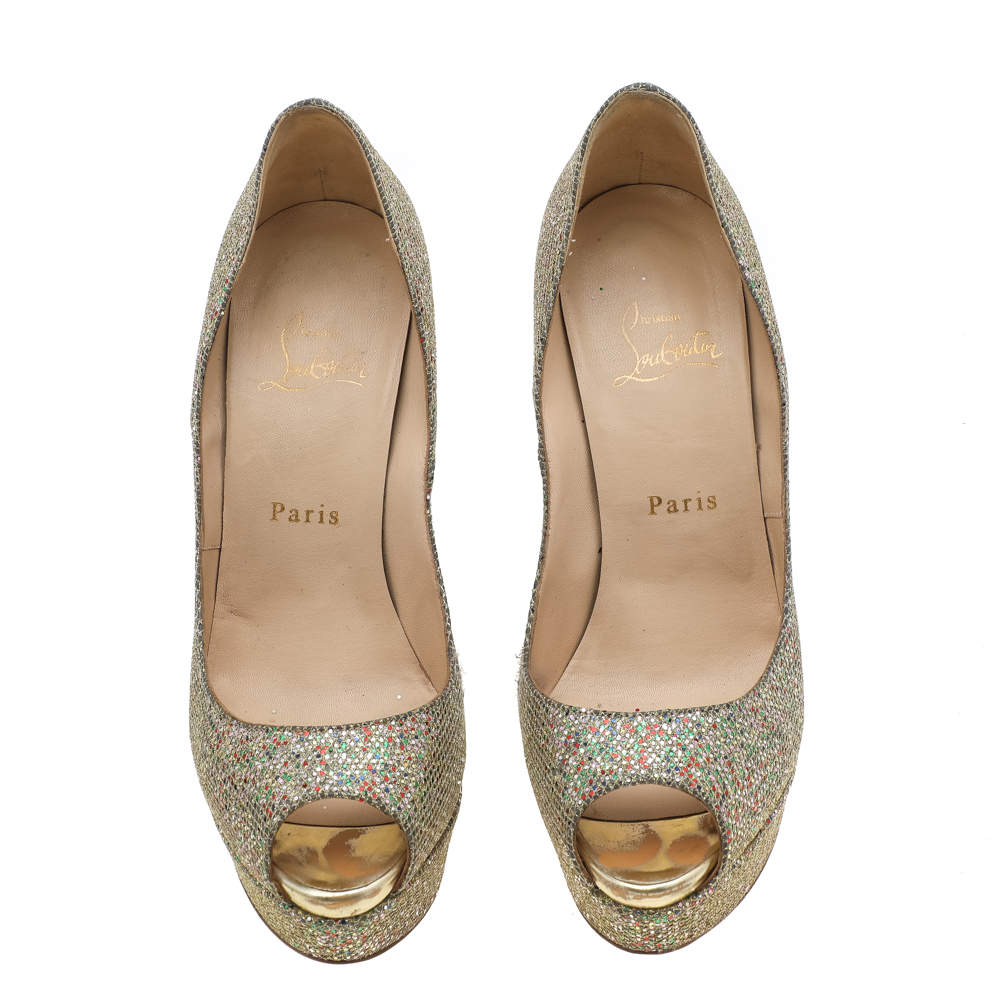 Pre Owned Christian Louboutin Metallic Gold Mesh Glitter Peep Toe Platform Pumps Size 38