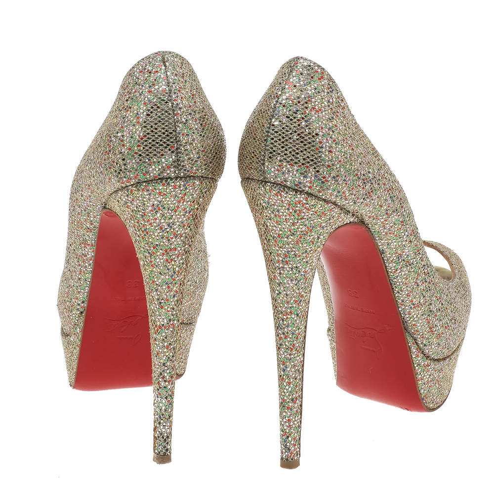 Pre Owned Christian Louboutin Metallic Gold Mesh Glitter Peep Toe Platform Pumps Size 38