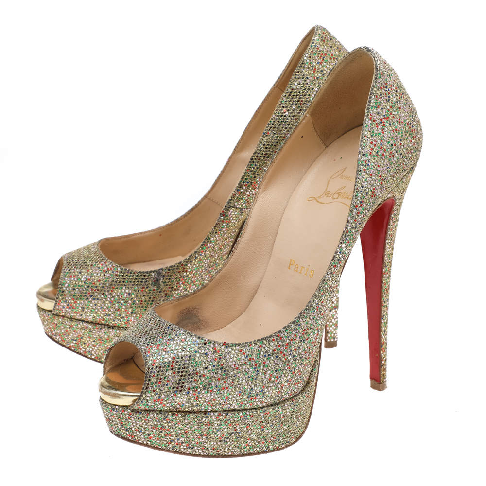 Pre Owned Christian Louboutin Metallic Gold Mesh Glitter Peep Toe Platform Pumps Size 38