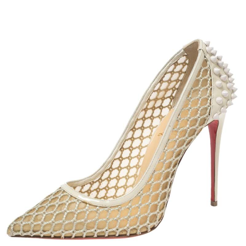 Pre Owned Christian Louboutin Beige Mesh and Spike Embellished Patent Leather Trimmed Guni Pointed-Toe Pumps Size 38.5