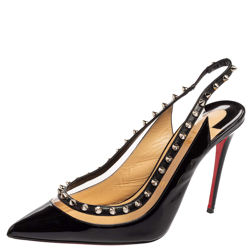 Pre Owned Christian Louboutin Black Patent Leather and PVC Brigadine Spike Slingback Pumps Size 38.5