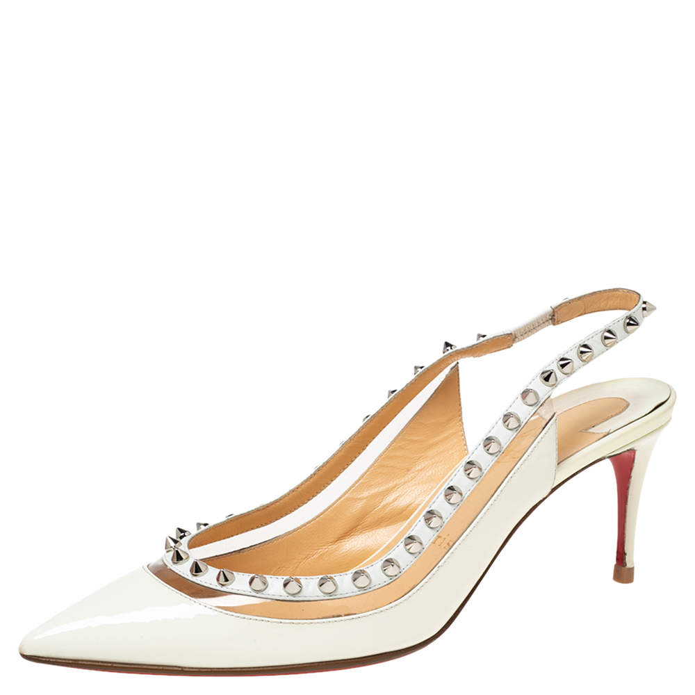 Pre Owned Christian Louboutin Off-White Patent Leather and PVC Brigandine Spike Slingback Pumps Size 38