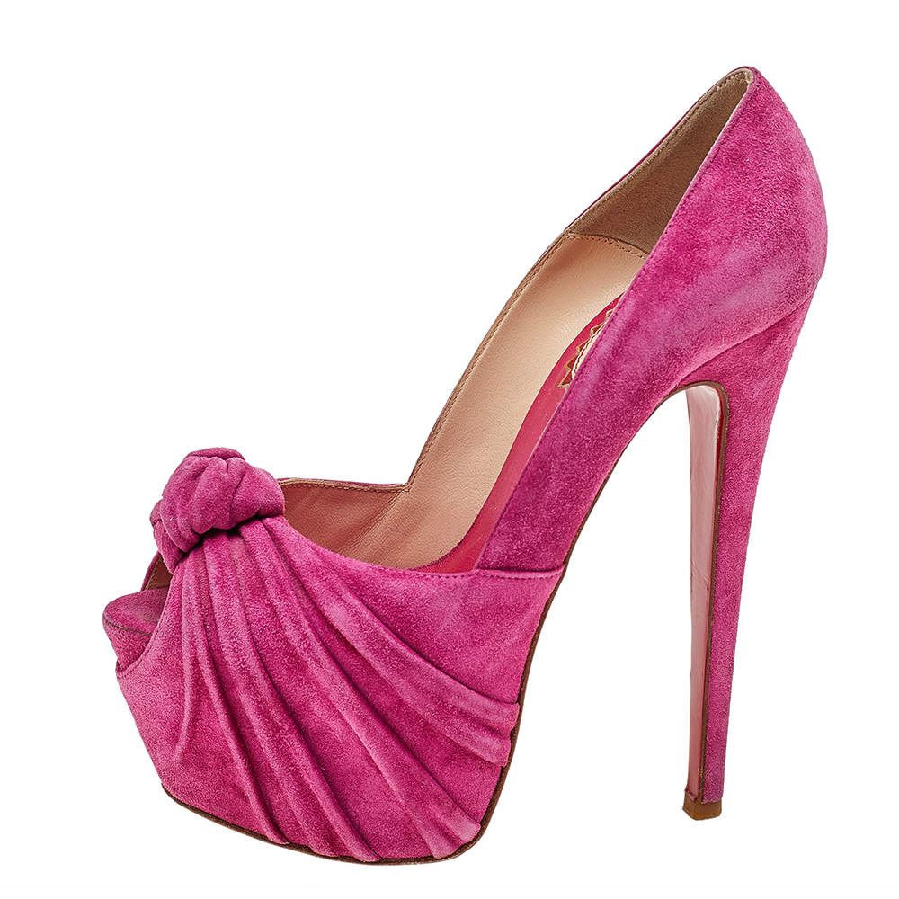 Christian Louboutin Pink Suede Rose Lady Gres 20th Anniversary Collection  Platform Knot Peep Toe Pumps Size 36