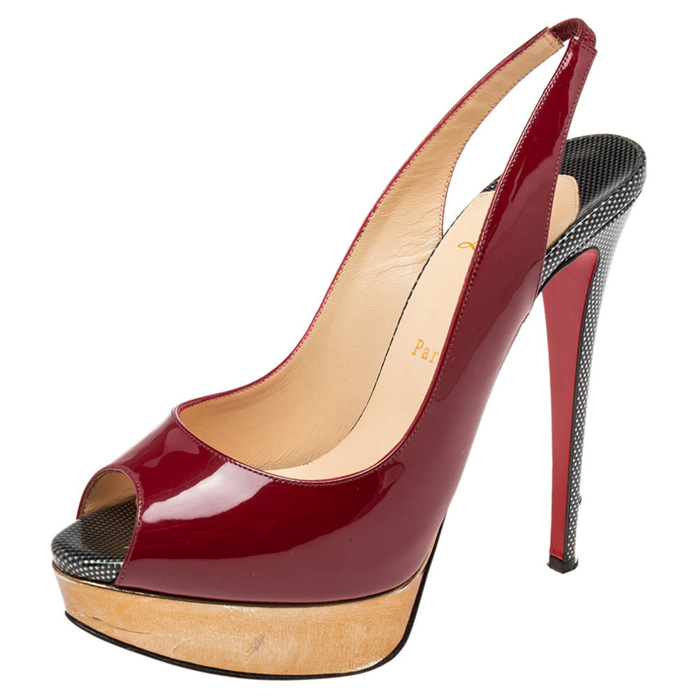 Pre Owned Christian Louboutin Burgundy Patent Leather Lady Peep-Toe Slingback Pumps Size 39.5