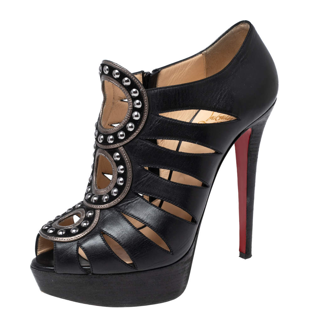 Christian Louboutin Black Leather Maralla Studded Cutout Booties Size 38.5