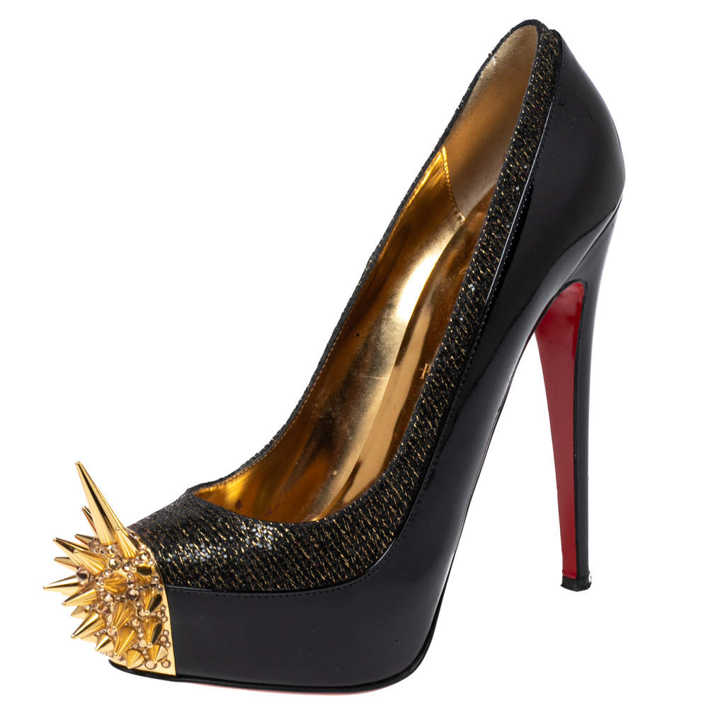Christian Louboutin Black/Gold Patent Leather and Lurex Fabric Asteroid Spike Pumps Size 39.5