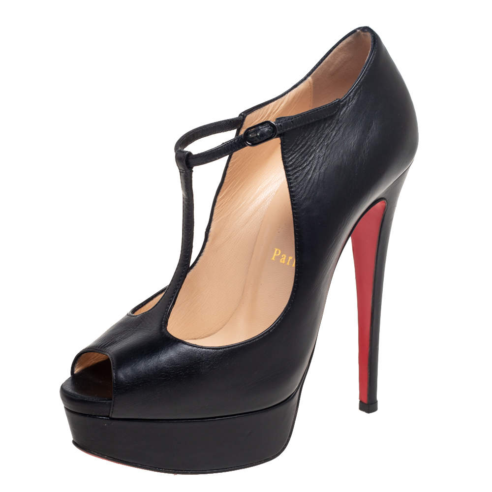 Pre Owned Christian Louboutin Black Leather Jilopa T Strap Platform Pumps Size 36.5