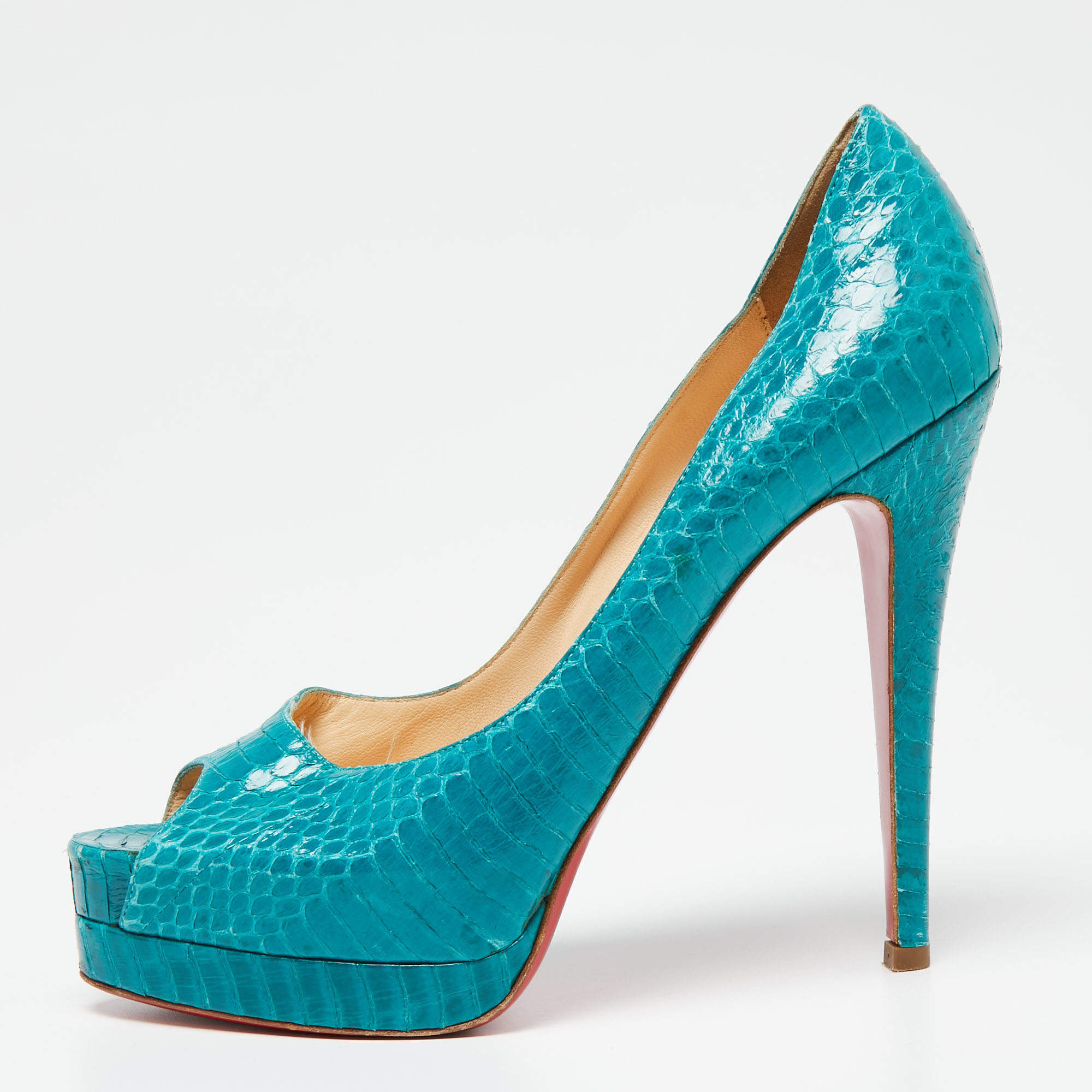 Christian Louboutin Turquoise Python Leather Altadama Peep-Toe Pumps Size 39.5