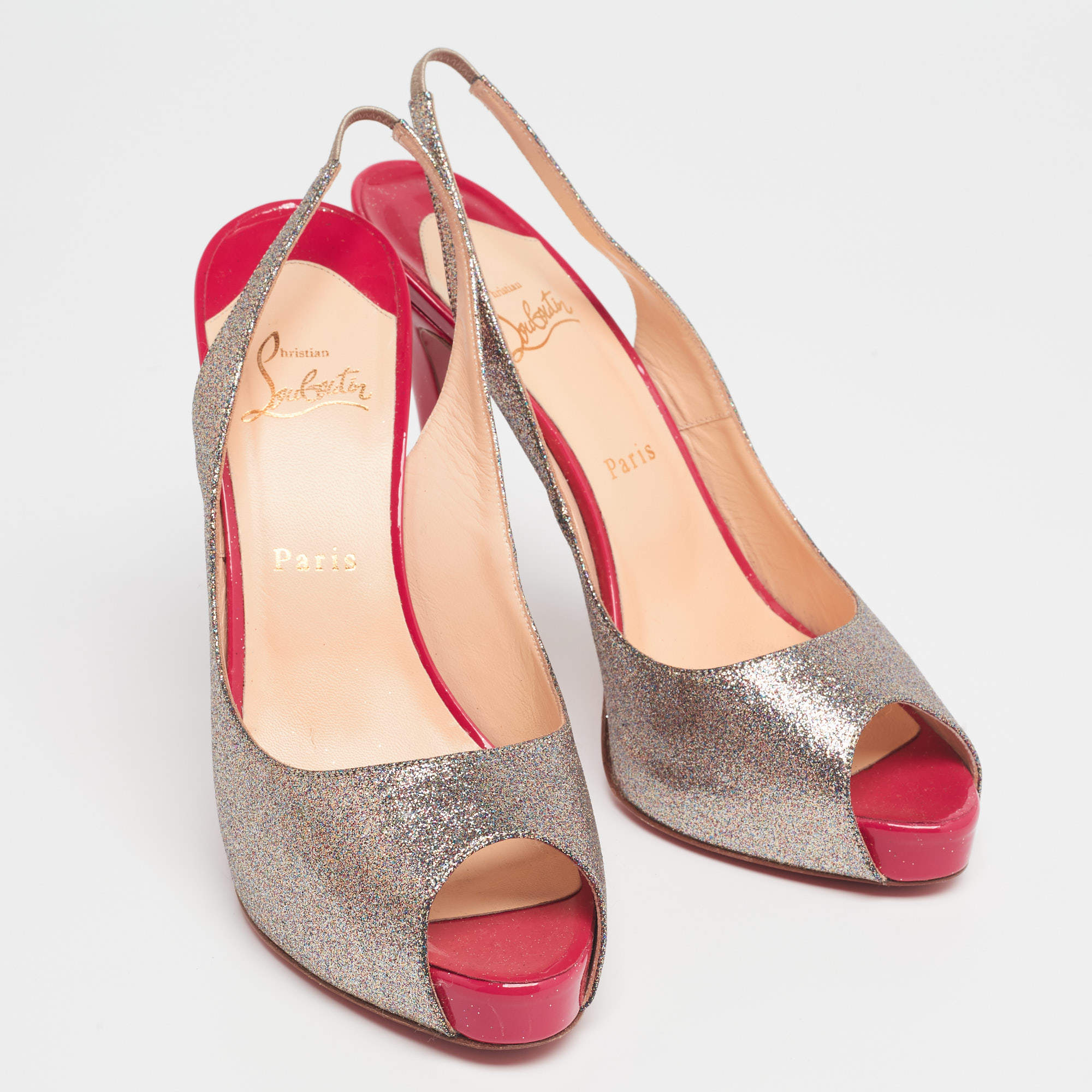 Pre Owned Christian Louboutin Multicolor Glitter No Prive Slingback Pumps Size 40.5