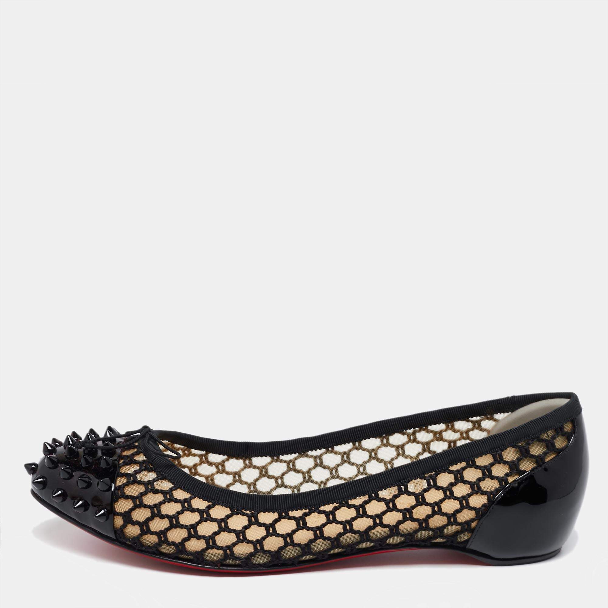 Pre Owned حذاء باليرينا فلات كريستيان لوبوتان شبكة مطرزة وجلد لامع مرصع أسود مقاس 38