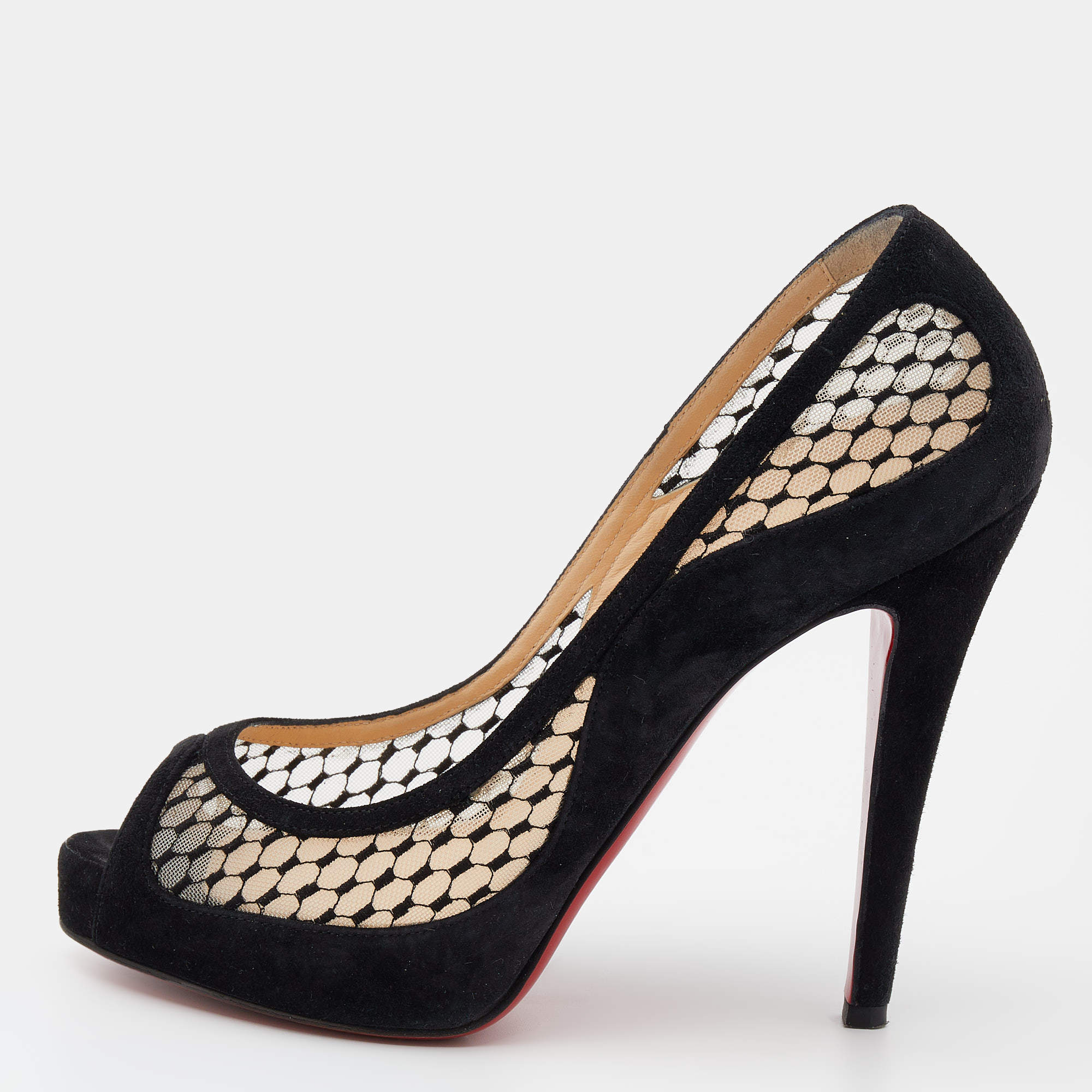 Pre Owned Christian Louboutin Black Suede And Mesh Camila Peep Toe Pumps Size 36.5