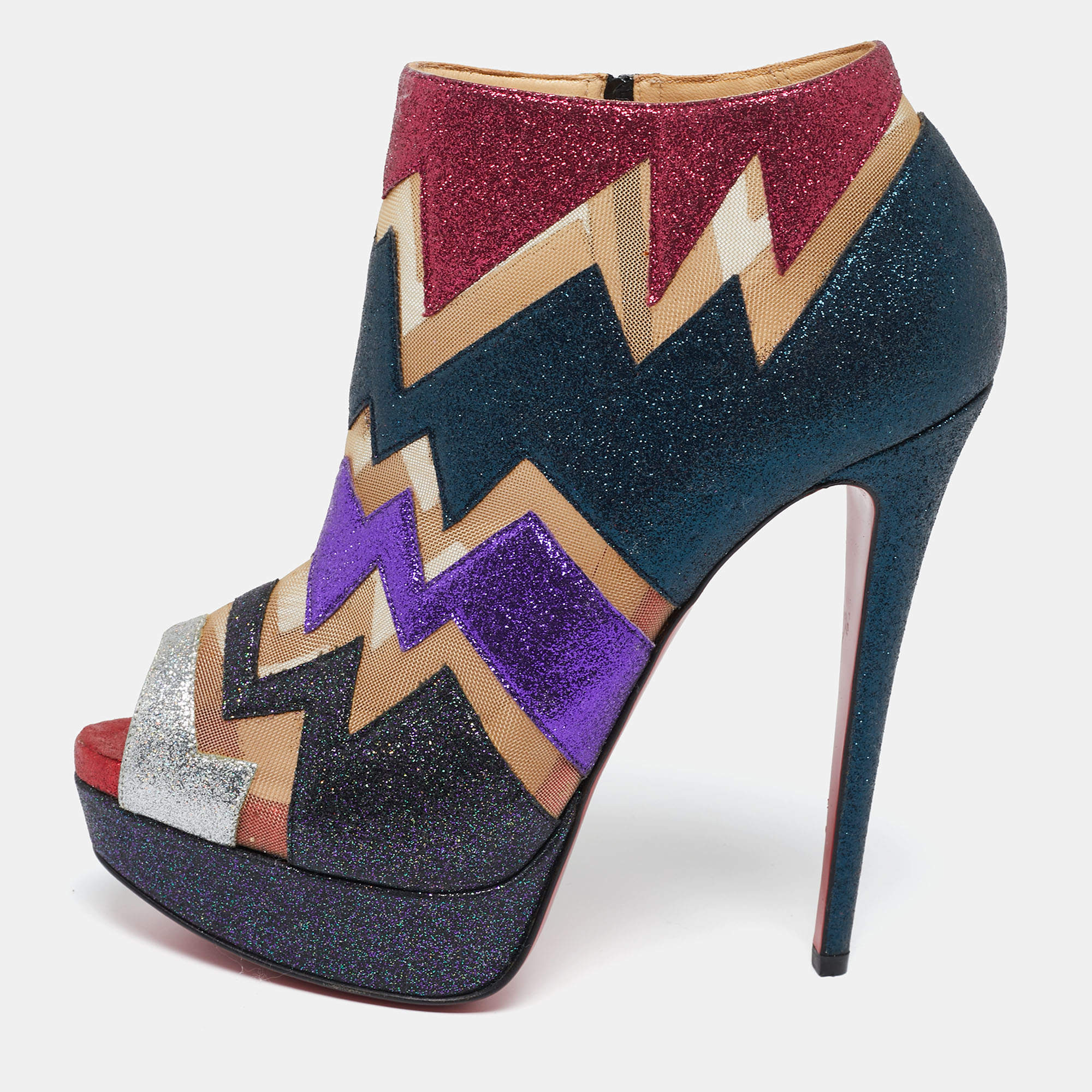 Christian Louboutin Multicolor Glitter and Mesh Ziggy Peep-Toe Ankle Booties Size 38